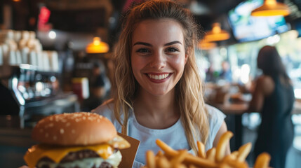 Canvas Print - A happy waitress in an American restaurant is serving a customer with fries and a burger.