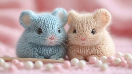 Two adorable knitted mice, one blue and one beige, sitting side-by-side on a pink background surrounded by white and pink beads.