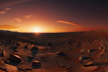 Wall Mural - 360 HDRI panorama of Mars sunset. Martian landscape, environment map. Equirectangular projection, spherical panorama. Generative AI