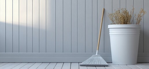 Wall Mural - White broom leaning against a white wall with a white pot next to it.