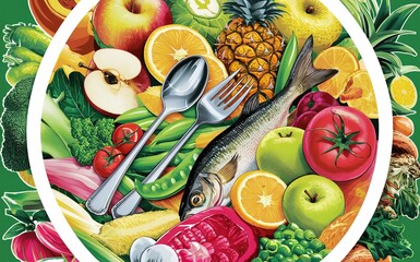 Wall Mural -  a colorful plate filled with a variety of fruits, vegetables, and a fish.  generative ai