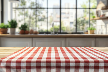 Poster - Empty wooden table with red gingham tablecloth in front of blurred kitchen background. High quality photo