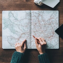 Woman planning a trip on a map with a pen.