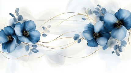 Wall Mural - Elegant abstract blue flowers with golden line art design on a white background. This luxurious watercolor vector illustration highlights intricate floral patterns with soft shades of blue, perfect fo