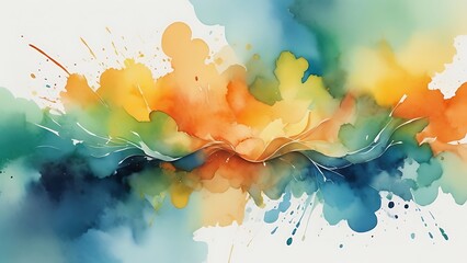 Wall Mural - Abstract illustration background of a watercolor cloudy smoky painting combination of yellow, green, blue, red, orange colors on white blank wall