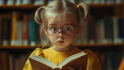 Canvas Print - A cute little girl with glasses is reading in the library, wearing yellow and having blue eyes, big round-framed glasses, and a fair skin tone