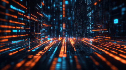 Futuristic digital data stream with glowing blue and orange code lines, abstract technology background, cyber network concept