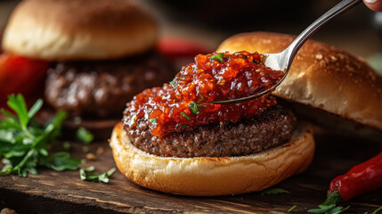 A spoonful of relish being spread on a hamburger bun, with a juicy burger patty in the background.