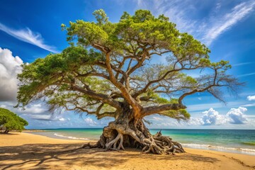 Malagasy Coast in January, showcasing a sprawling, ancient tree, its gnarled branches twisted with age, standing sentinel over a secluded beach.