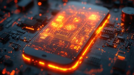 A glowing smartphone with a circuit board pattern visible through the screen, resting on a motherboard.