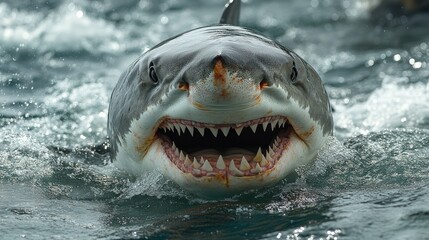 Close-up of a great white shark with its mouth open, showing its sharp teeth.