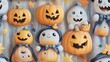 © LuvTK - Adorable doodle-style seamless pattern of candy corn creatures dressed in Halloween costumes, trick-or-treating with tiny bags, surrounded by stars, moons, and pumpkins, soft pastel tones,