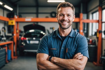 Portrait of  smiling auto mechanic that is in garage