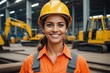 © ThomasLENNE - Portrait of  smiling Brazilian woman worker beautiful face with eye confident and wearing working suite dress and safety helmet at heavy machine in industry factory