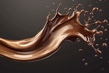 Realistic liquid chocolate long wave splash, enticing with its creamy richness, captures the essence of indulgence in a delectable treat. Isolated 3d vector brown splashing jet with droplets mid, ai