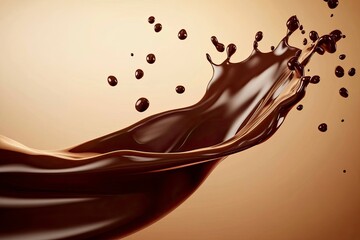 Realistic liquid chocolate long wave splash, enticing with its creamy richness, captures the essence of indulgence in a delectable treat. Isolated 3d vector brown splashing jet with droplets mid, ai