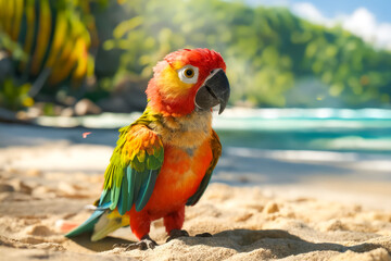 Wall Mural - A colorful parrot standing on a sandy beach next to the ocean