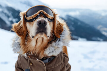 Canvas Print - A dog wearing a jacket and goggles in the snow