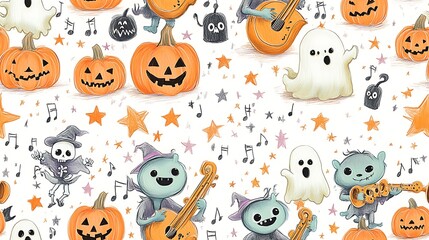 Cute doodle-style seamless pattern featuring monsters playing instruments in a Halloween band, with dancing ghosts and skeletons, surrounded by stars, pumpkins, and musical notes, soft pastel tones,