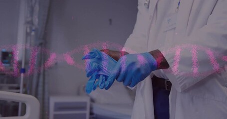 Poster - Animation of dna strands over biracial female doctor with medical gloves