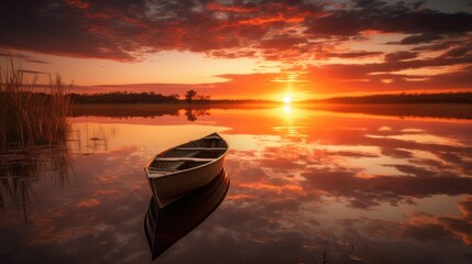 Poster - Tranquil Boat on Sunset-Filled Lake