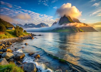 Wall Mural - Norwegian Sea in the morning, where misty waves whispers secrets to the shore