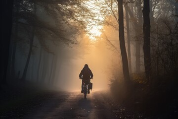 Canvas Print - Cyclist Riding Through Misty Forest at Sunrise