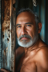 Wall Mural - A man with a white beard leaning against a wooden door.