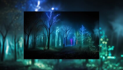 Neon dark forest illuminated by an ethereal blue and green glow, creating a hauntingly beautiful atmosphere. The bare trees stand tall, shrouded in mist. Halloween background