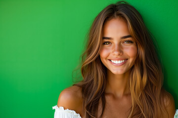 Canvas Print - A woman with long brown hair smiling at the camera