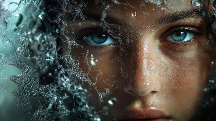 Close-Up of Woman's Face Behind Glass Covered in Water Droplets, Intense Blue Eyes and Wet Texture Creating a Dramatic and Mystical Atmosphere in Nature-Inspired Photography