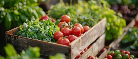 A wooden crate filled with fresh vegetables including tomatoes and basil