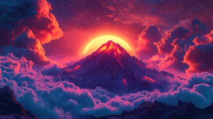 Volcano lava in synthwave style with neon colors and retro-futuristic elements, creating a vibrant and glowing depiction of the eruption.