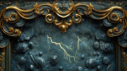 Rain and lightning shown in Art Nouveau style, featuring elegant curves and ornamental patterns that blend the storm's energy with artistic flair.