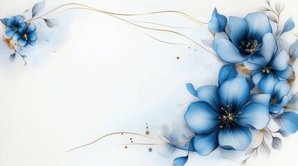 Wall Mural - Elegant abstract blue floral design with golden lines on a white marble stone texture background. This high-resolution, hyper-realistic digital illustration features soft watercolor brushstrokes, deli