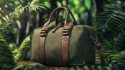 Stylish duffel bag nestled among lush green foliage, perfect for travel and outdoor adventures.