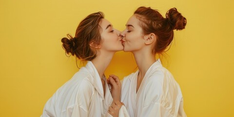 Wall Mural - Two women kissing each other on a yellow background. Scene is romantic and intimate