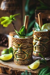 Wall Mural - Two tiki mugs with lime slices and green mint leaves on top. The mugs are decorated with faces and are placed on a wooden table