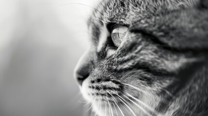 A cat's face is shown in black and white, with its eyes open and staring straight ahead. The cat's fur is a mix of black and white, giving it a sleek and elegant appearance