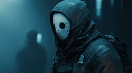 Poster - A man in a black hooded jacket with a mask on his face