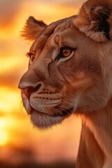 Wall Mural - a lion is staring at the camera with its mouth open. the sun is setting in the background, creating 