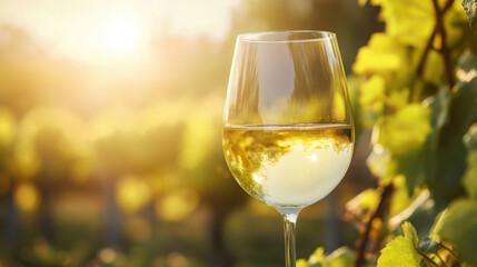 A chilled glass of white wine with a vineyard background, sunlight filtering through the glass.