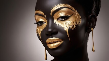 Wall Mural - Close up face portrait with face art. Glamorous gold makeup, gold paint dripping down the woman's black face
