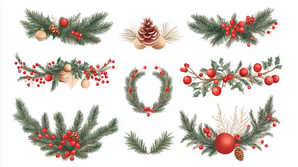 Wall Mural - vector illustration, set of Christmas decor elements , Garland festive set, isolated on white background. Christmas design elements for poster, greeting card, website.