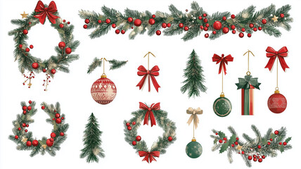 vector illustration, set of Christmas decor elements , Garland festive set, isolated on white background. Christmas design elements for poster, greeting card, website.