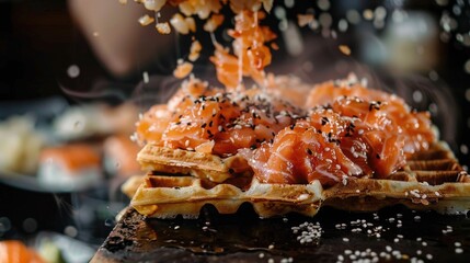 Wall Mural - A waffle with salmon and sesame seeds on top. The waffle is being poured with sauce