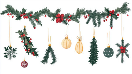 Sticker - vector illustration, set of Christmas decor elements , Garland festive set, isolated on white background. Christmas design elements for poster, greeting card, website.