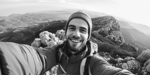 Sticker - A man is smiling and taking a selfie on a mountain. The photo is in black and white