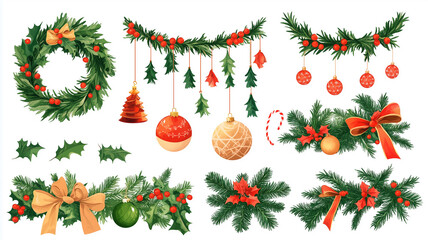 Sticker - vector illustration, set of Christmas decor elements , Garland festive set, isolated on white background. Christmas design elements for poster, greeting card, website.