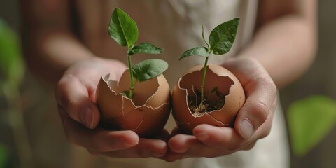 Wall Mural - Two small plants are in a cracked eggshells. The plants are in the hands of a person